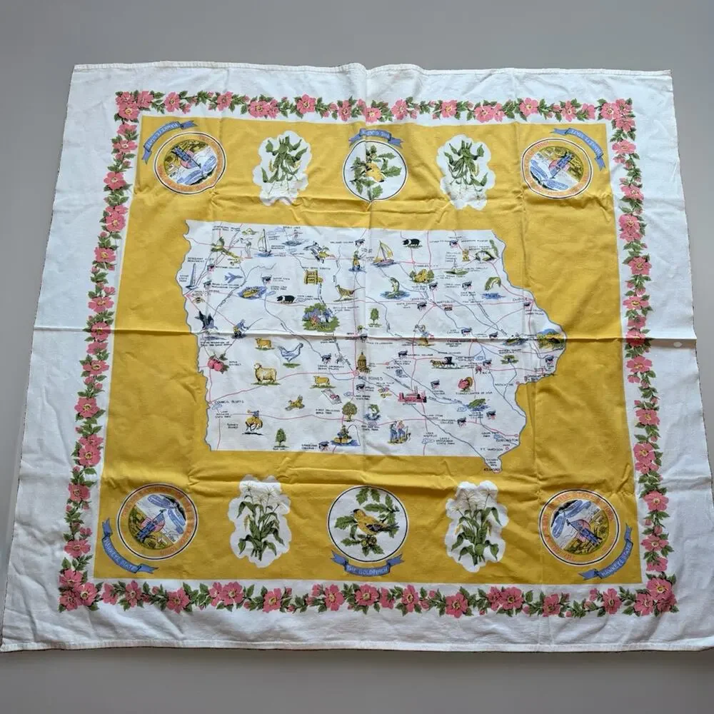 Vintage Iowa State Souvenir Tablecloth 44” Square Hawkeye State Map Cotton 60s